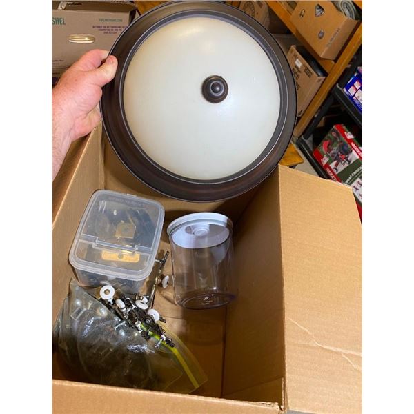 BOX LOT OF CABINET HINGES AND HANDLES AND LIGHT FIXTURE