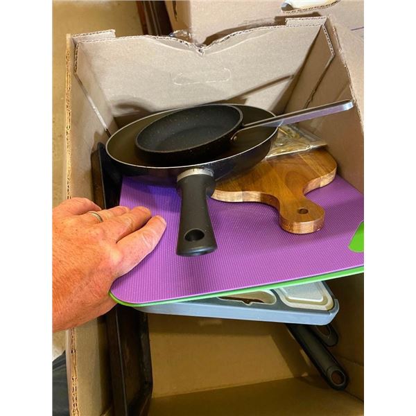 BOX LOT OF PANS, ETC.
