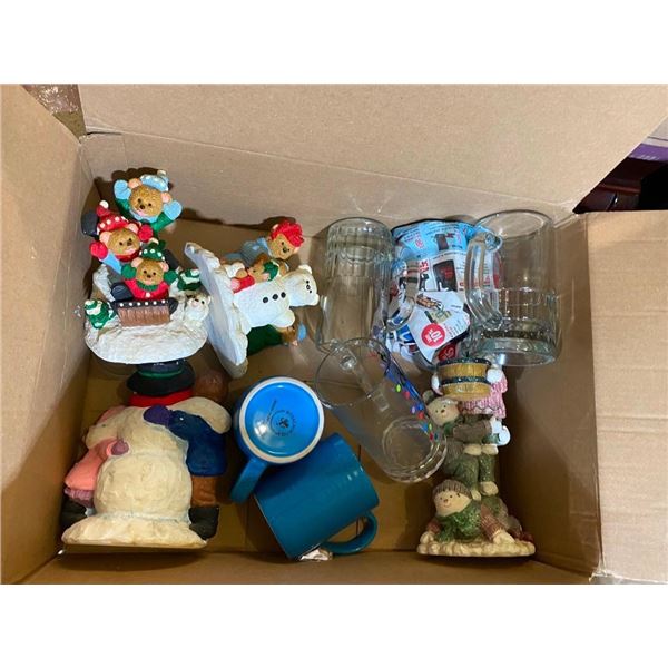 BOX LOT OF ASSORTED MUGS AND CHRISTMAS DECORATION PCS