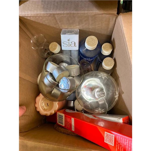 BOX LOT OF ASSORTED CANDLES AND SMALL OIL LAMPS