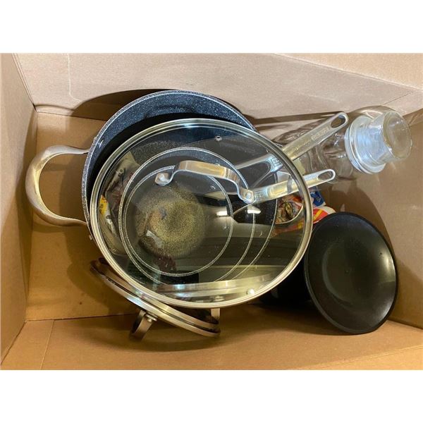 BOX LOT OF ASSORTED KITCHEN POTS