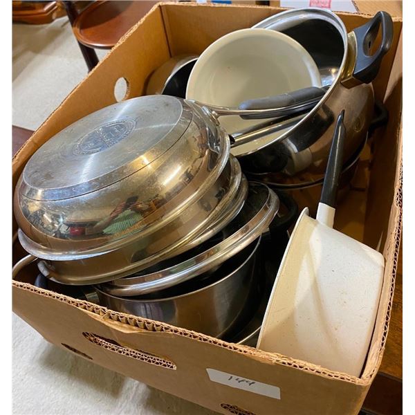 BOX LOT OF ASSORTED PANS AND POTS