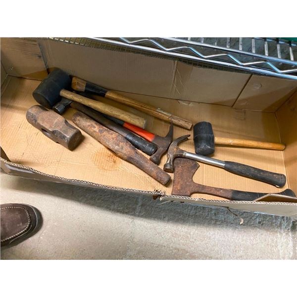 BOX LOT OF ASSORTED HAMMERS, ETC.