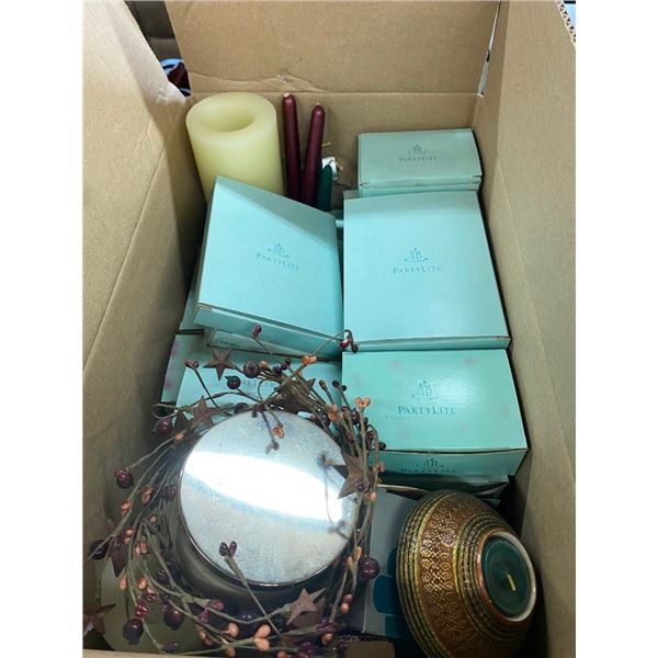 BOX LOT OF ASSORTED CANDLES - MOST OF THEM ARE NEW