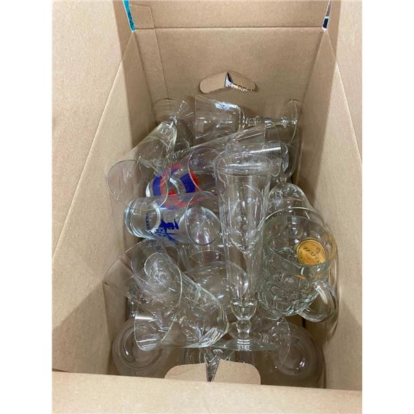 BOX LOT OF ASSORTED WINE GLASSES, ETC.