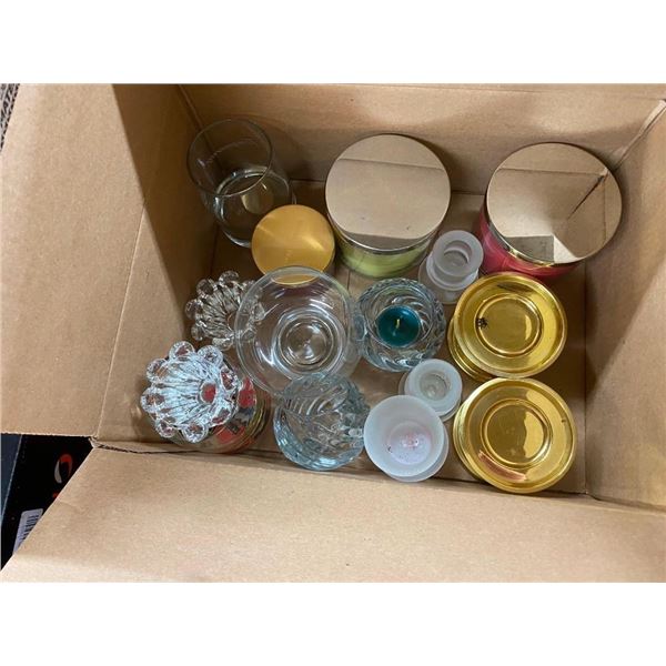 BOX LOT OF ASSORTED CANDLES AND CANDLE HOLDERS