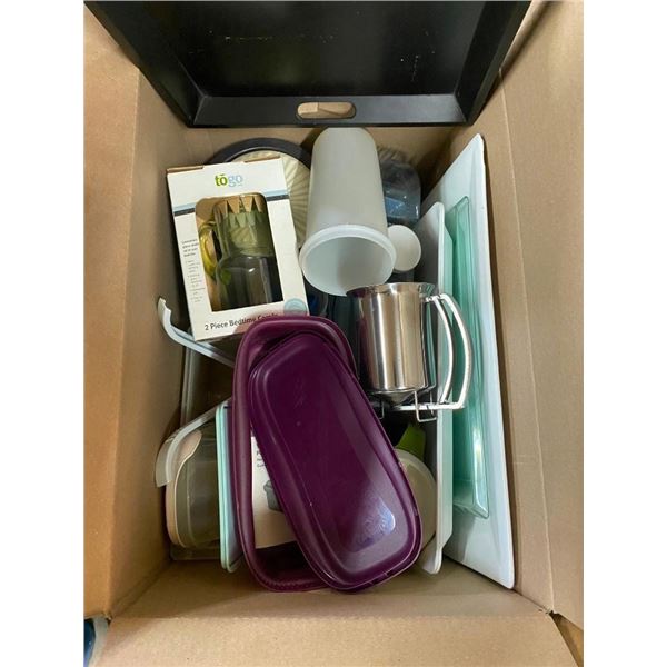BOX LOT OF ASSORTED KITCHEN SUPPLIES