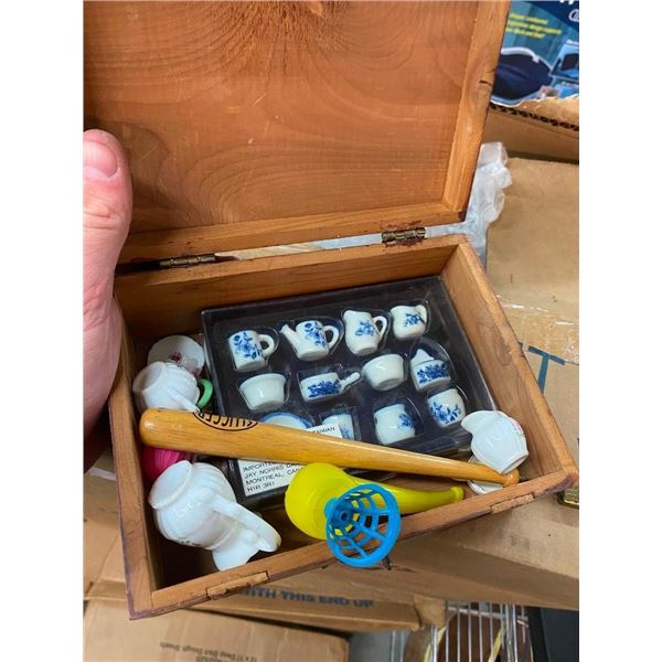 COLLECTIBLE SMALL TEA SET AND OTHER ACCESSORIES IN SMALL WOODEN CHEST BOX
