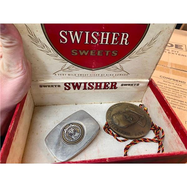 COLLECTIBLE CP-RAILWAY BELT BUCKLE AND HERBERGER MEDAL AND CIGAR BOX