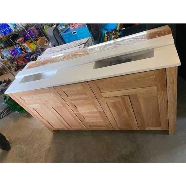 60IN DOUBLE SINK VANITY WITH BACKSPLASH - HAS CRACK ON BOTTOM SIDE AS SEEN IN PIC