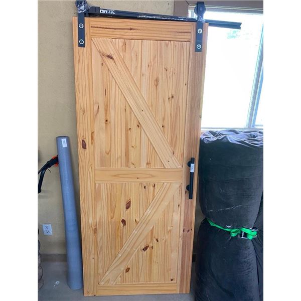 33X79IN SLIDING BARN DOOR WITH RAILS AND SLIDERS - JUST NEEDS BOLTS TO ATTACH TO WALL