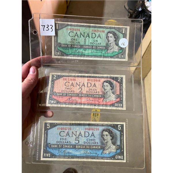 1954 CANADIAN 1 DOLLAR, 2 DOLLAR, 5 DOLLAR BANKNOTES
