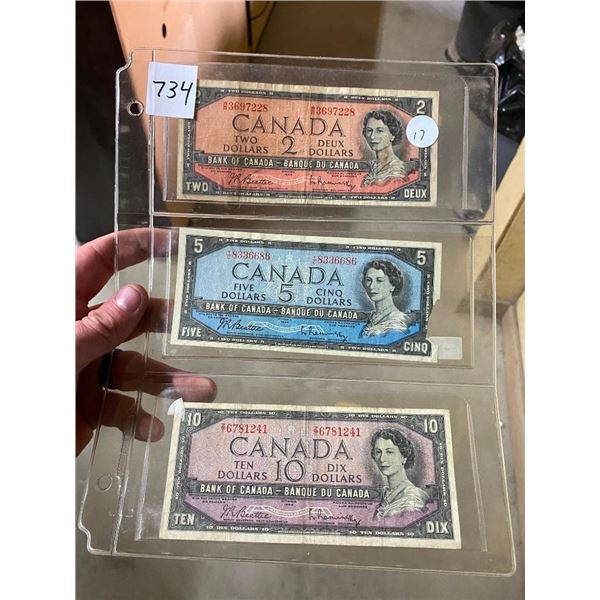 1954 CANADIAN 2 DOLLAR, 5 DOLLAR, 10 DOLLAR BANKNOTES