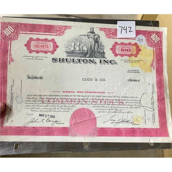 SHULTON STOCK CERTIFICATE - 1969