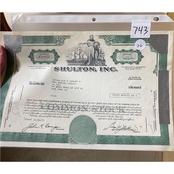 SHULTON STOCK CERTIFICATE - 1971
