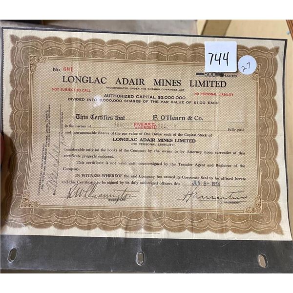 LONGLAC ADAIR MINES STOCK CERTIFICATE - 1934