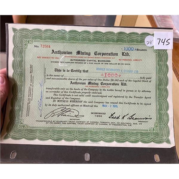 ANTHONIAN MINING STOCK CERTIFICATE - 1970