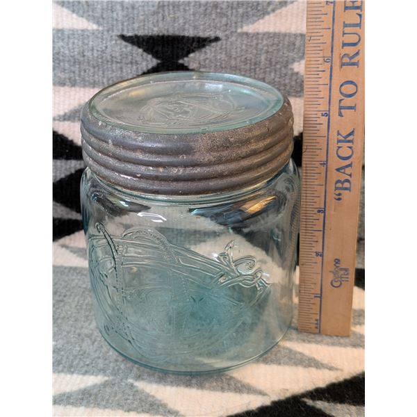 Antique Diamond Glass Co Sealer Jar Aqua Blue