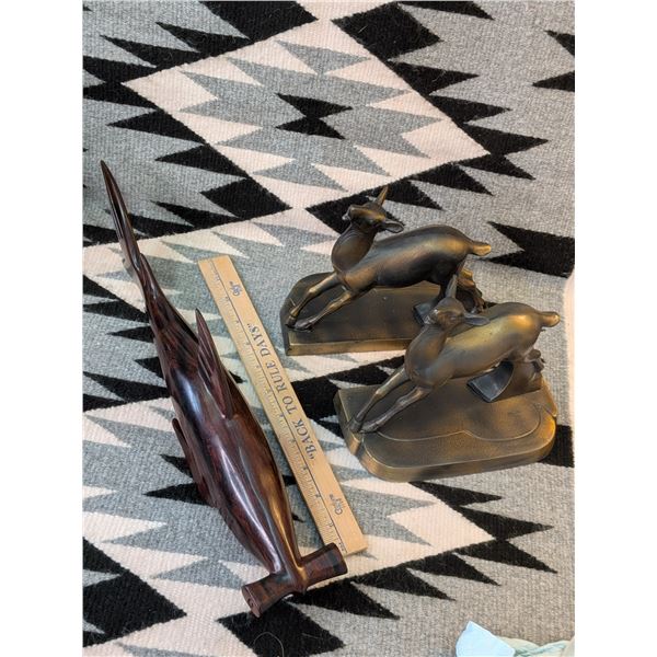Ironwood Hammerhead Shark and Art Deco Antique Antelope Bookends