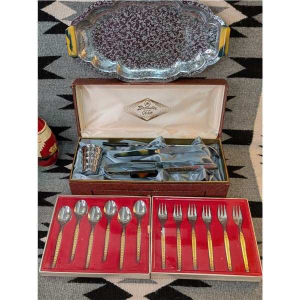 Glo hill MCM Bakelite Bar Mate Set and German Gold Plated Dessert Spoon and Fork Set