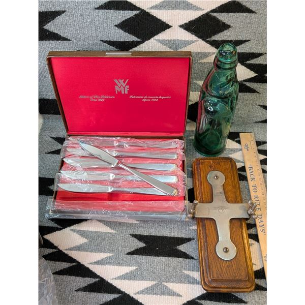 German Stainless Steel Steak Knives Antique Tie Press Marble in a Bottle