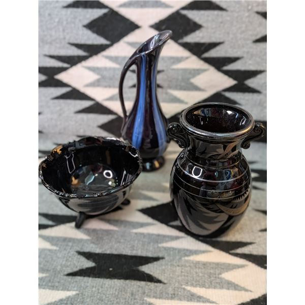 L.E. Smith Amathyst Glass Vases and Huronia Pottery Vase