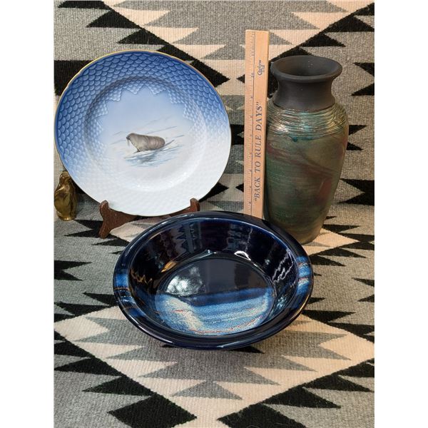Copenhagen Seal Plate / Raku Vase and Studio Pottery Bowl