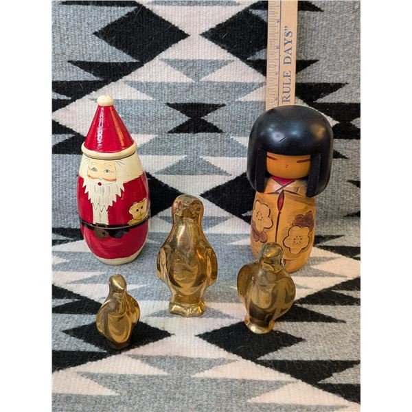 Wood Nesting Doll Santa / Kokeshi Doll / Brass Penguins