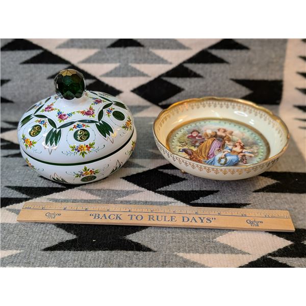 Crown China Footed Bowl / Czech Bohemian Glass Covered Candy Dish