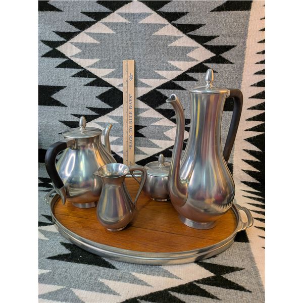 Danish MCM Pewter Tea Set with Teak Tray