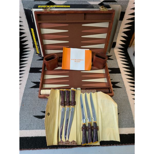 Backgammon Game in Leather Case / Faux Antler Knives