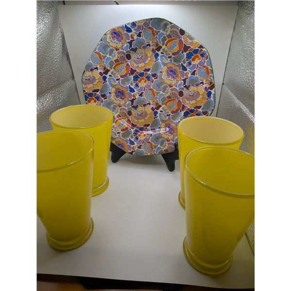 Four Cased Glasses and Chintz English Plate