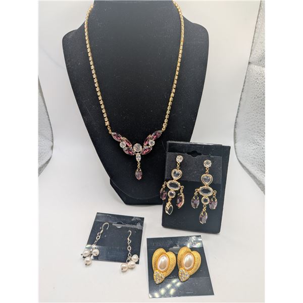 Purple Rhinestone Necklace & Earring Set Plue Two Earrings