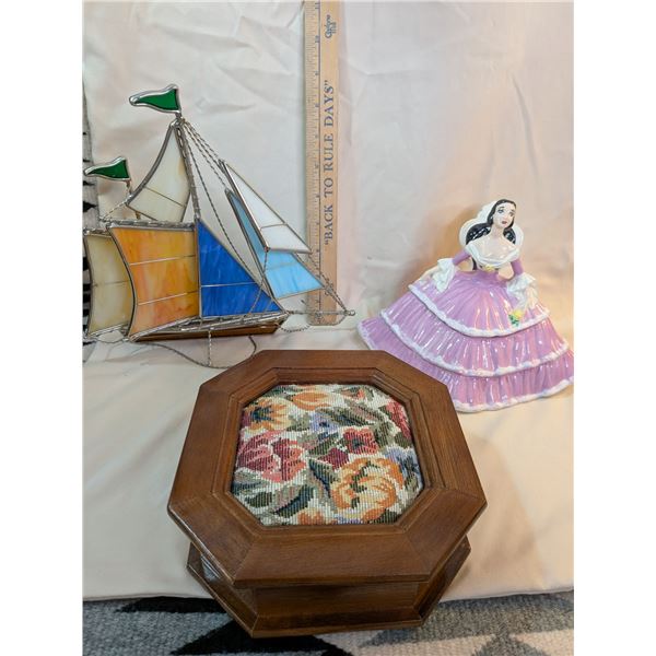 Jewelry Box / Stained Glass Sailboat / Hand Painted Lady Dish