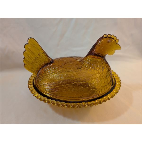 Indiana Glass Amber Hen on Nest Bowl
