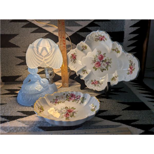 LE Smith Southern Belle Frosted Glass Blue Lamp / Old Foley English China