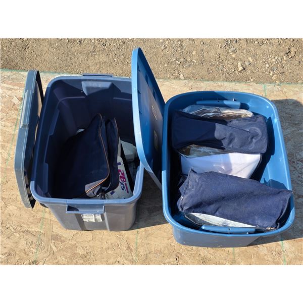 (2) Storage Totes w/ Ski Boots, Pillowcases, etc.