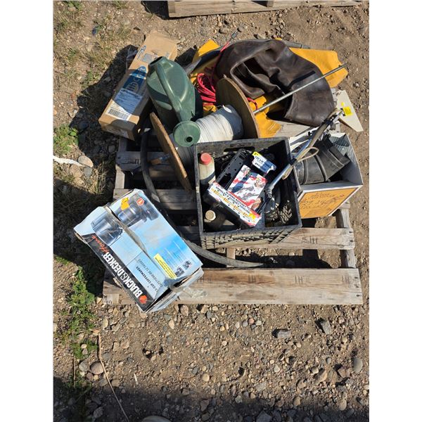 Pallet of Misc. Items – Spooled Webbing, Watering Can, Chimney Parts etc.
