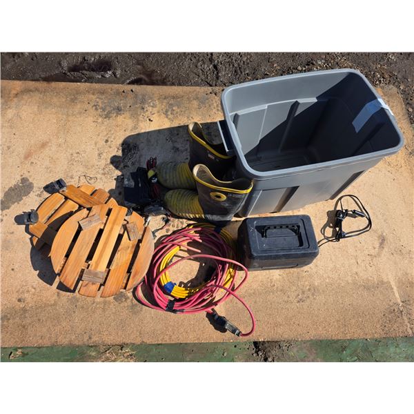 Tub of Misc. Items – Boots, Plant Dollies, Extension Cords, etc.