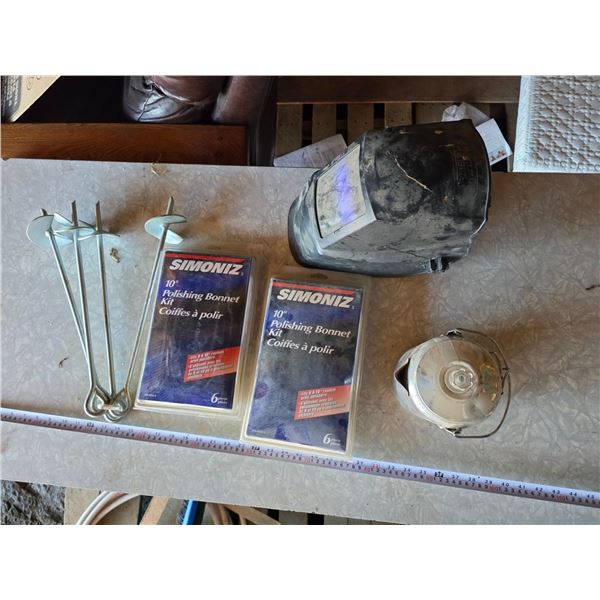 Lot of misc items, tie downs, welding helmet, polishing kits