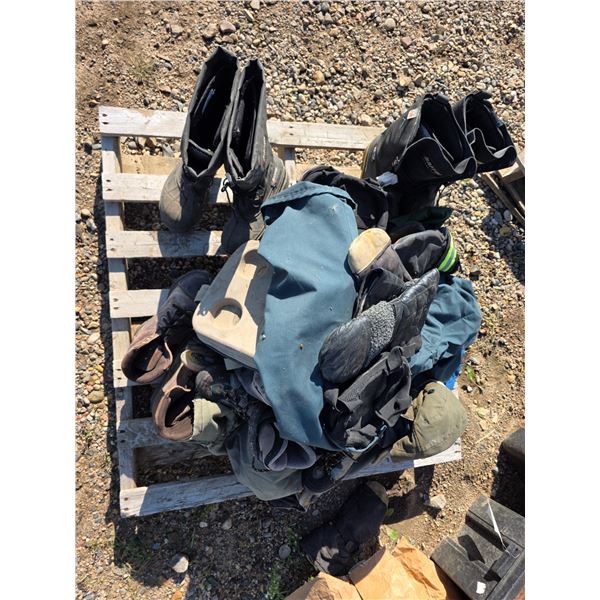Pallet of misc items, boots, roller blades