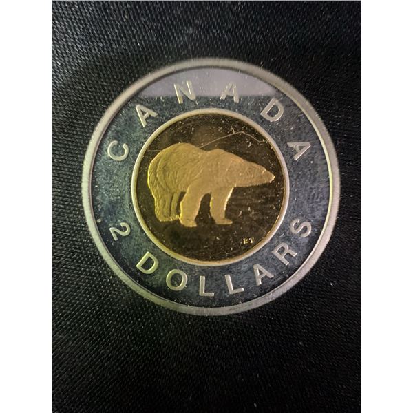 Canada 2002 $2 Coin .9999 Fine Silver, 24k Gold Plated Core, 9g