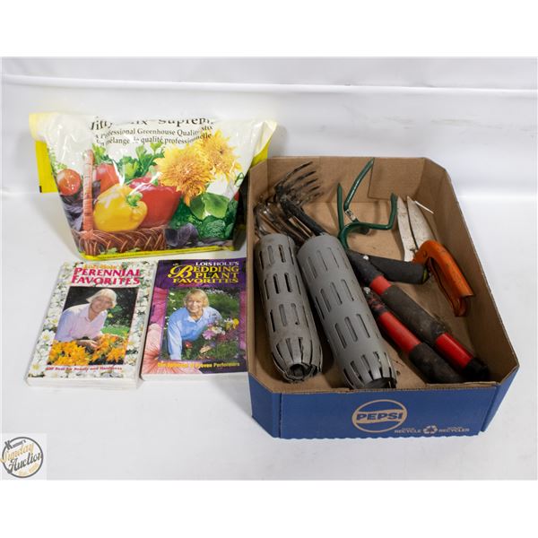 GARDEN HAND TOOLS, TREE TRUNK GUARDS & 2 BOOKS