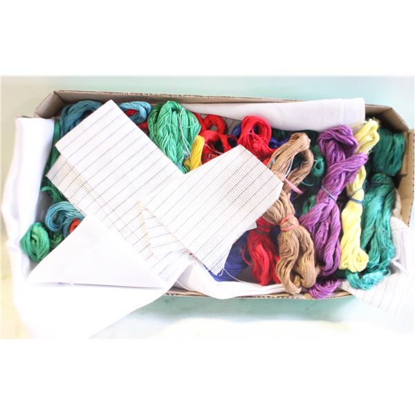 LOT OF EMBROIDERY FLOSS AND FABRIC