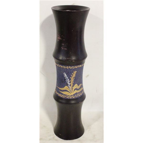 HAND CARVED WOODEN VASE BLUE AND