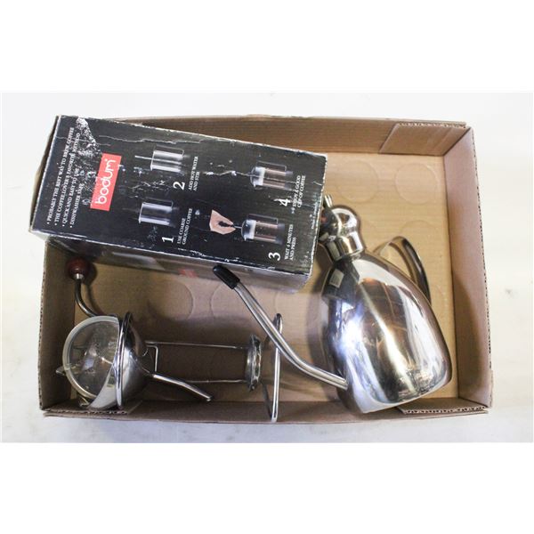 LOT OF BODUM COFFEE MAKER, WINE AERATING FUNNEL &