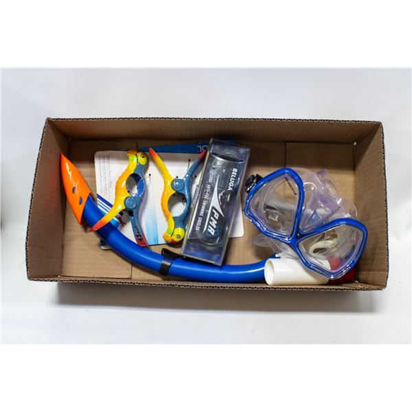 FLAT OF SNORKEL, GOGGLES, SWIM GOGGLES,