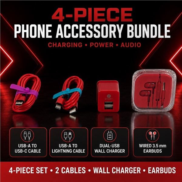NEW 4 PIECE RED PHONE CHARGER & EARBUD SET