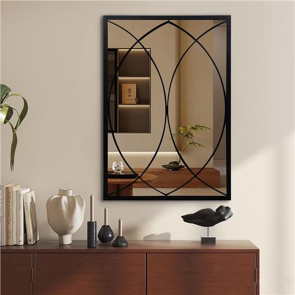BLACK METAL FRAMED HANGING WALL MIRROR WITH