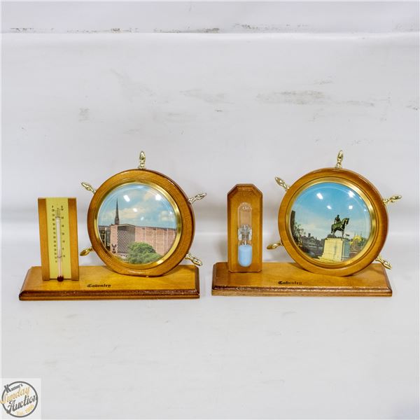 VINTAGE 2 SHIP WHEELS WITH THERMOMETER